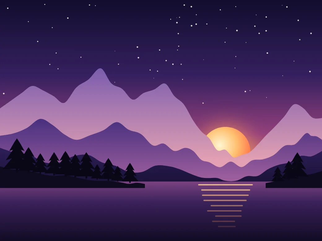 Alpine Dusk: A mountain lake at sunset: layered ridges with their own gradients, a glowing sun, and its reflection on the water.