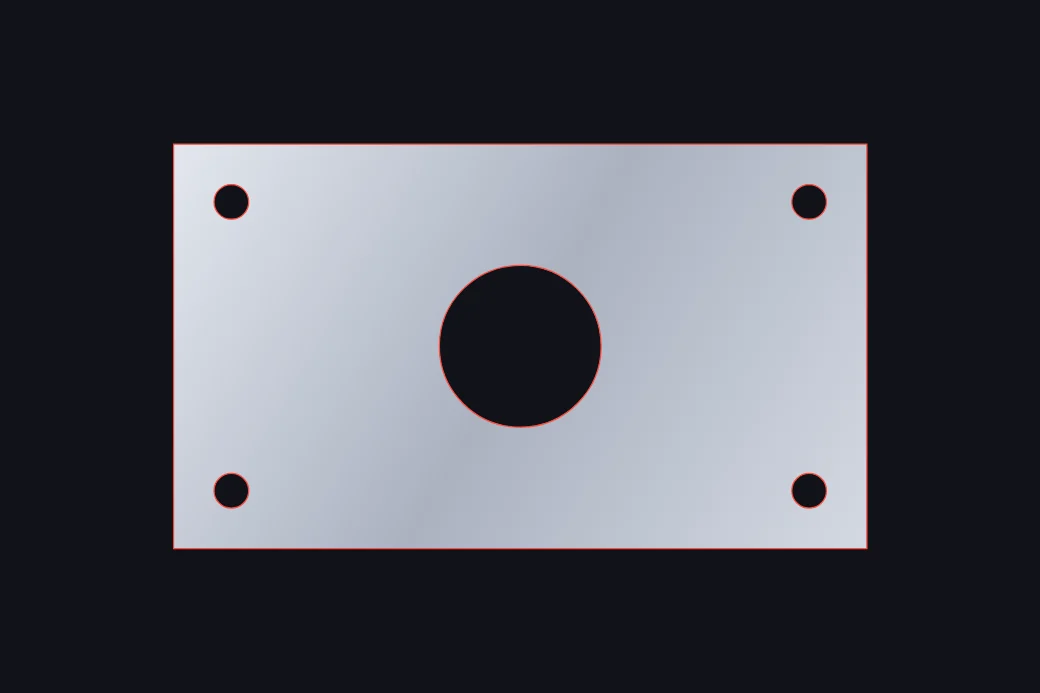 A flat mounting bracket outline in millimetres: a rectangular plate with four corner holes and a large central bore