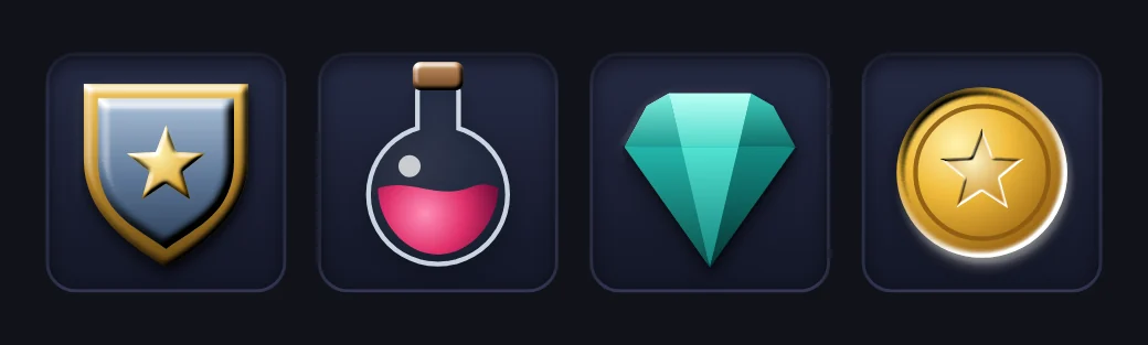 Inventory icon set: Four game inventory icons (shield, potion, gem and coin) on inset slot tiles.