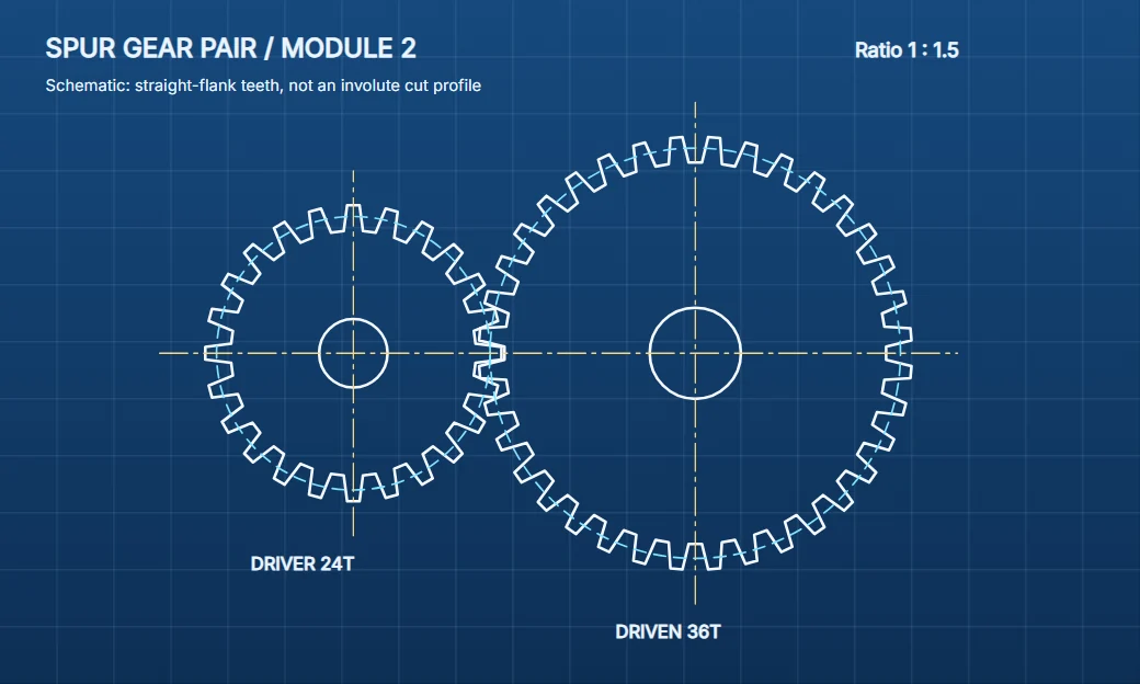Spur gear pair: A blueprint-style schematic of a module 2 gear pair, drawn in millimetres. In the editor, both pitch circles and the centre distance are driving dimensions.
