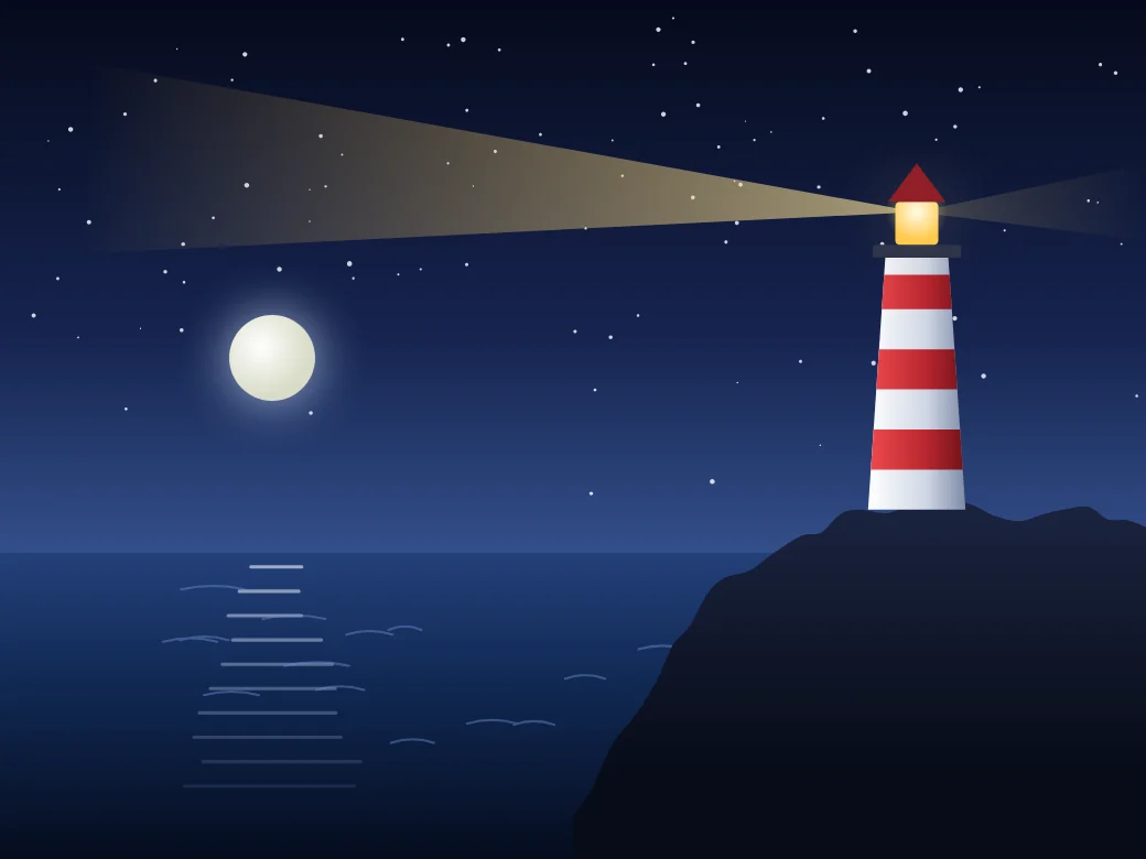 Night Watch: A lighthouse on a rocky point at night, its beam a transparent gradient fading across the sky.
