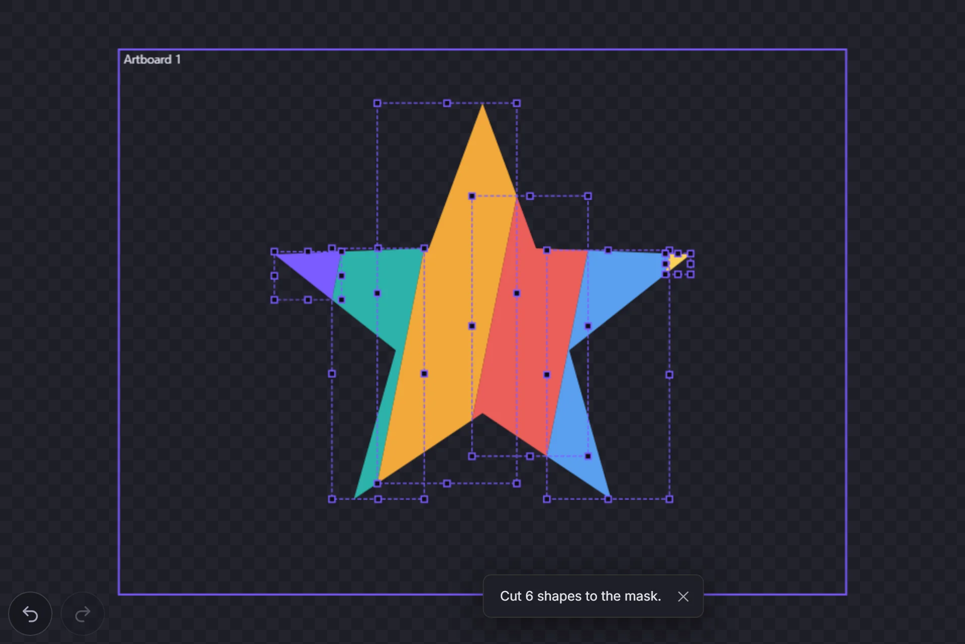 The six bands cut to the star outline as real shapes, each selected with its own box, and a note: Cut 6 shapes to the mask