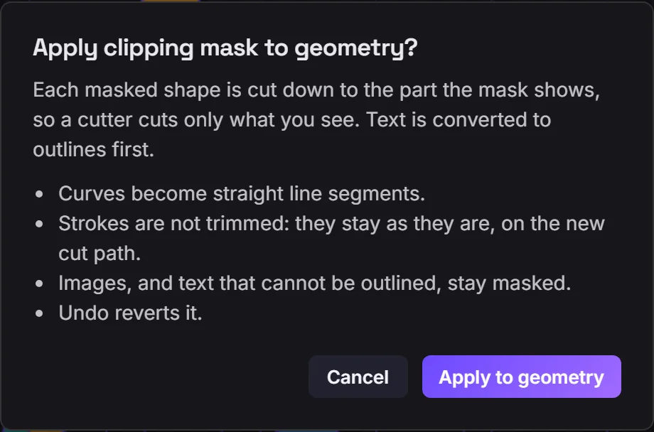 The Apply clipping mask to geometry confirmation, listing that curves become line segments and strokes are not trimmed