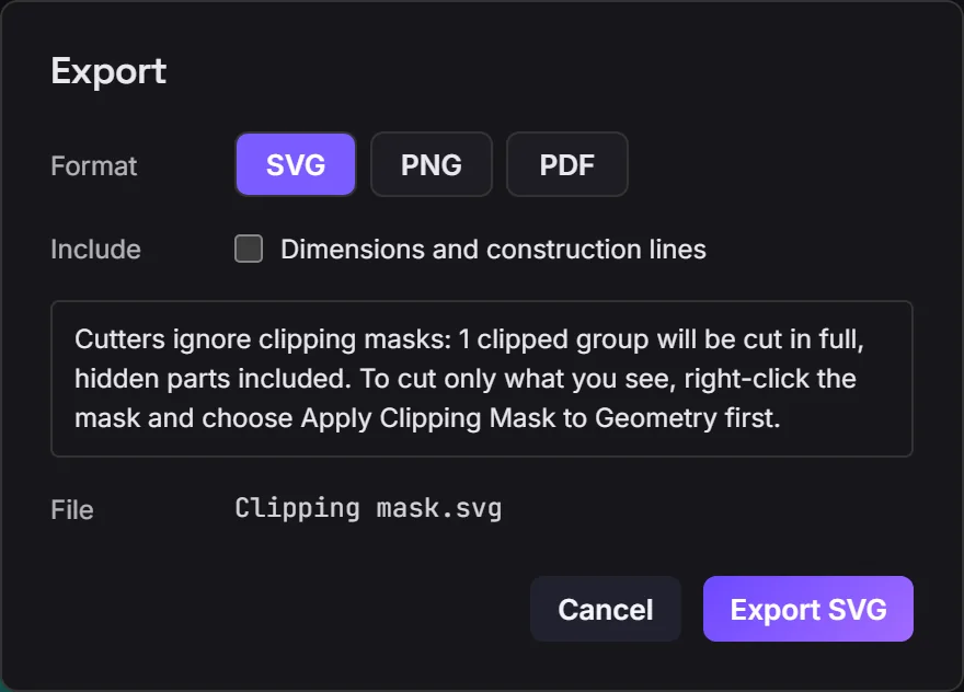 The Export dialog with a note: cutters ignore clipping masks, 1 clipped group will be cut in full