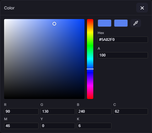 The color picker dialog: saturation/value square, hue bar, New and Current swatches, an eyedropper, and Hex/RGB/CMYK/Alpha fields