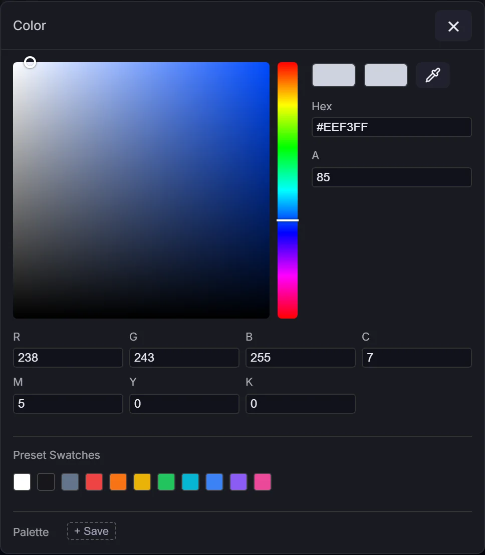 The color picker dialog: saturation/value square, hue bar, New and Current swatches, an eyedropper, Hex/RGB/CMYK/Alpha fields, preset swatches and a saveable palette