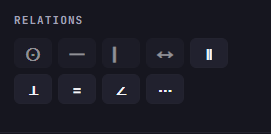 The Relations panel with constraint buttons: coincident, horizontal, vertical, distance, parallel, perpendicular, equal length, angle