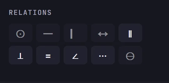 The Relations panel with constraint buttons: coincident, horizontal, vertical, distance, parallel, perpendicular, equal length, angle