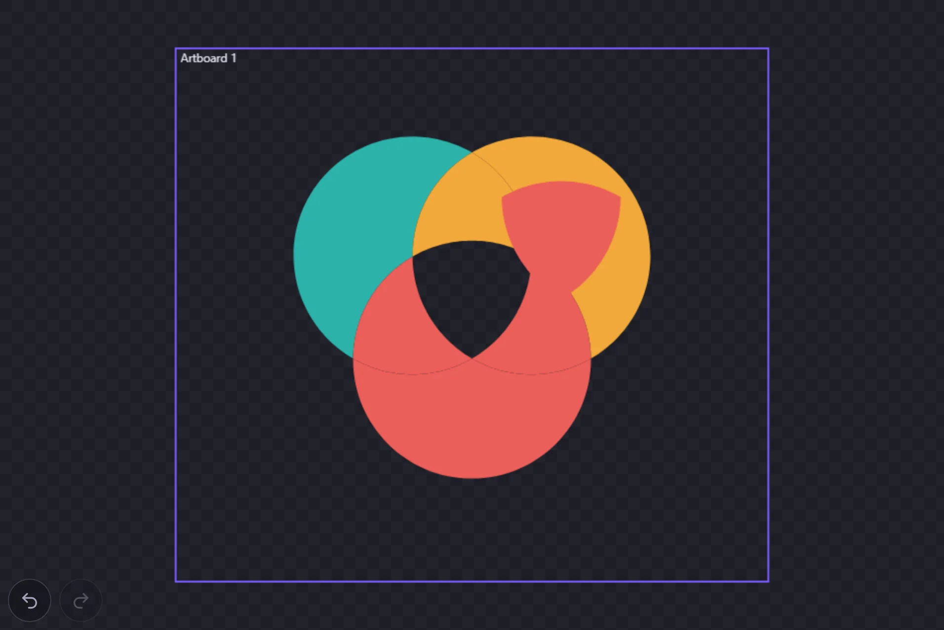 Three overlapping circles, teal, amber and coral, after Divide; the piece where all three overlapped has been moved up and to the right, leaving a gap