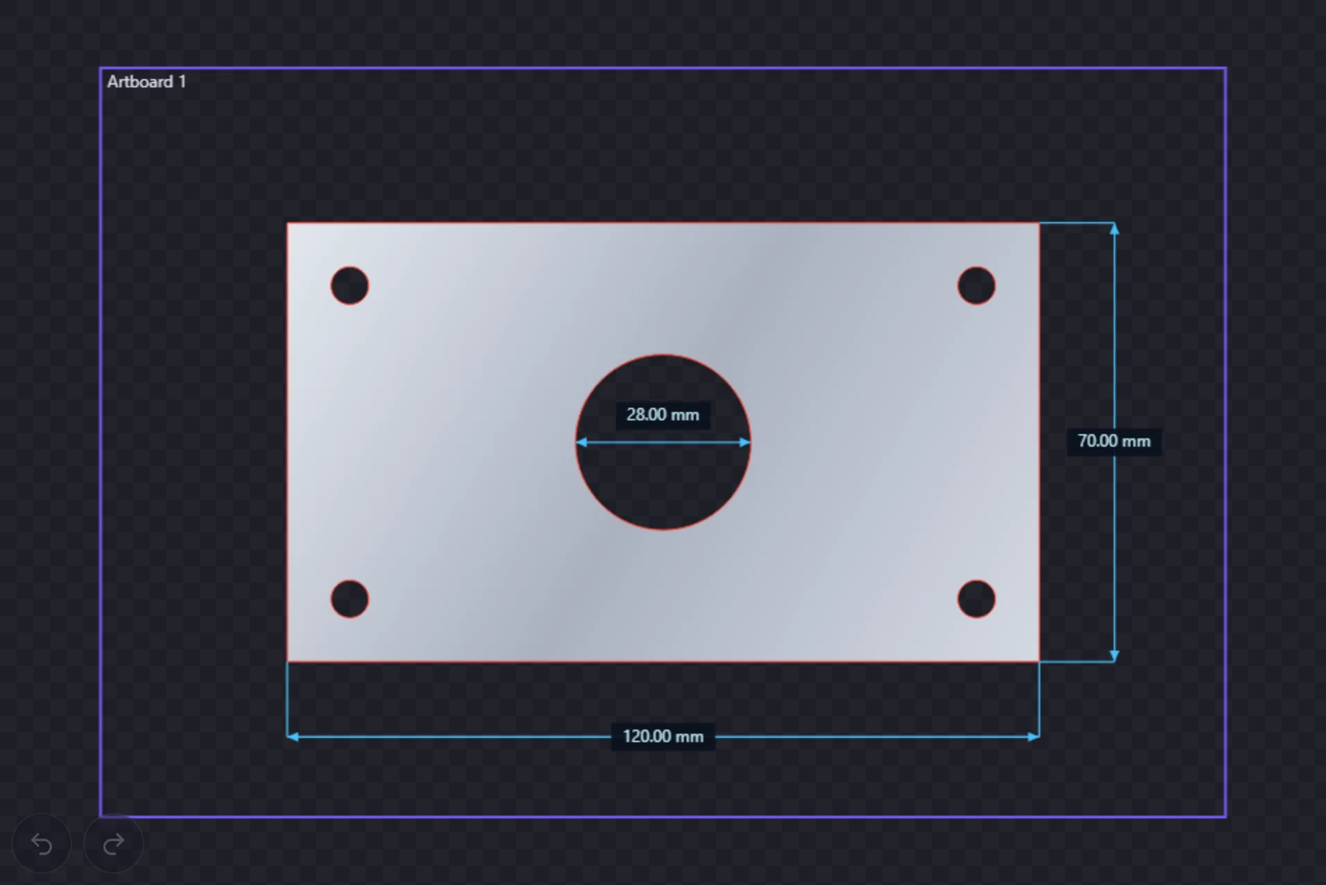 The Anchorsmith editor showing a 120 by 70 millimetre mounting bracket with four holes and a central bore, dimensioned 120.00 mm, 70.00 mm and a 28.00 mm bore