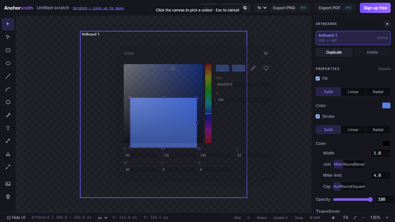 The editor with an armed on-canvas color pick: a hint bar reads ‘Click the canvas to pick a color’, the color dialog is dimmed, and the cursor is a crosshair
