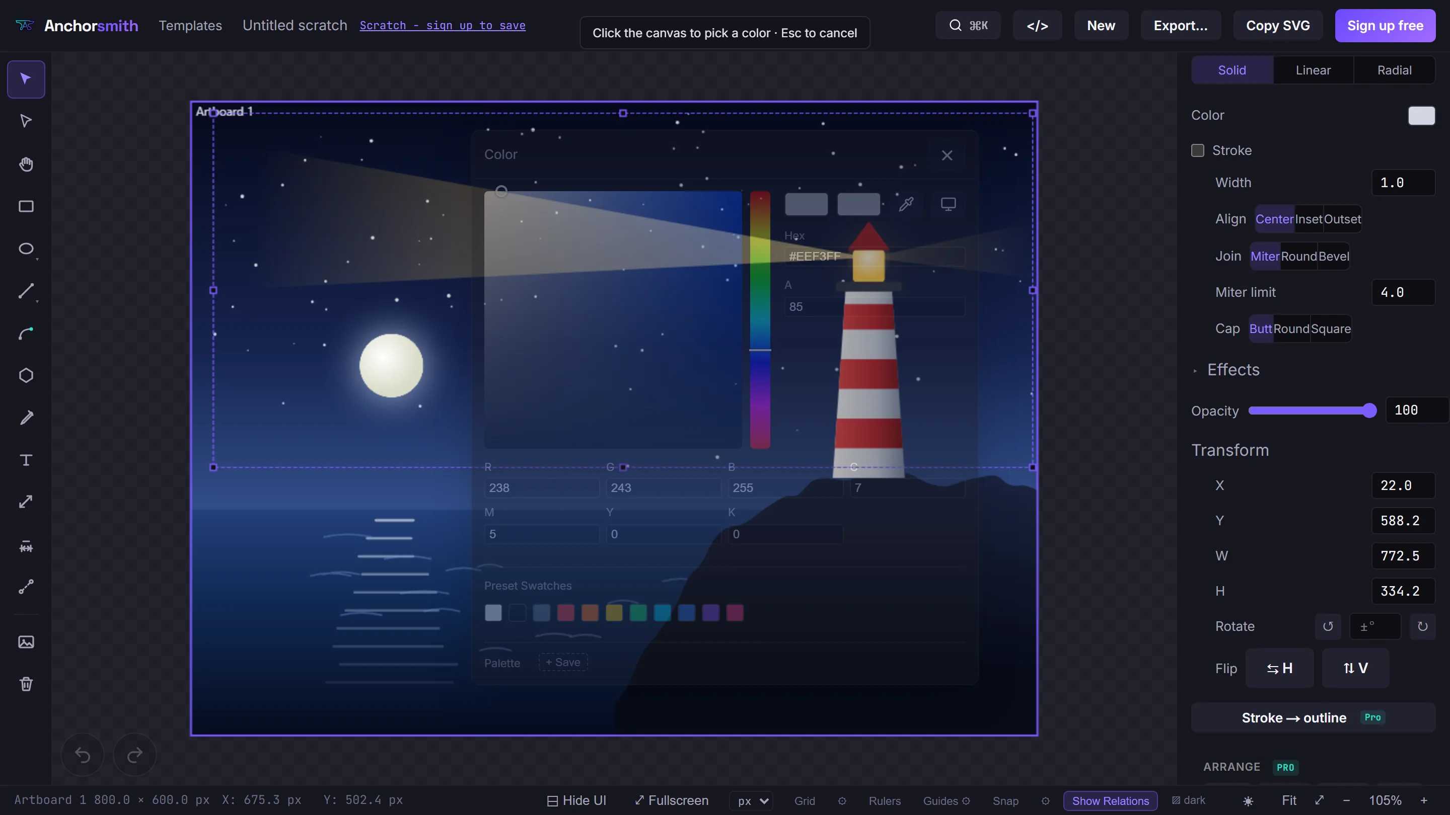 The editor over a night-time lighthouse illustration with an armed on-canvas color pick: a hint bar reads ‘Click the canvas to pick a color’, the color dialog is dimmed, and the cursor is a crosshair