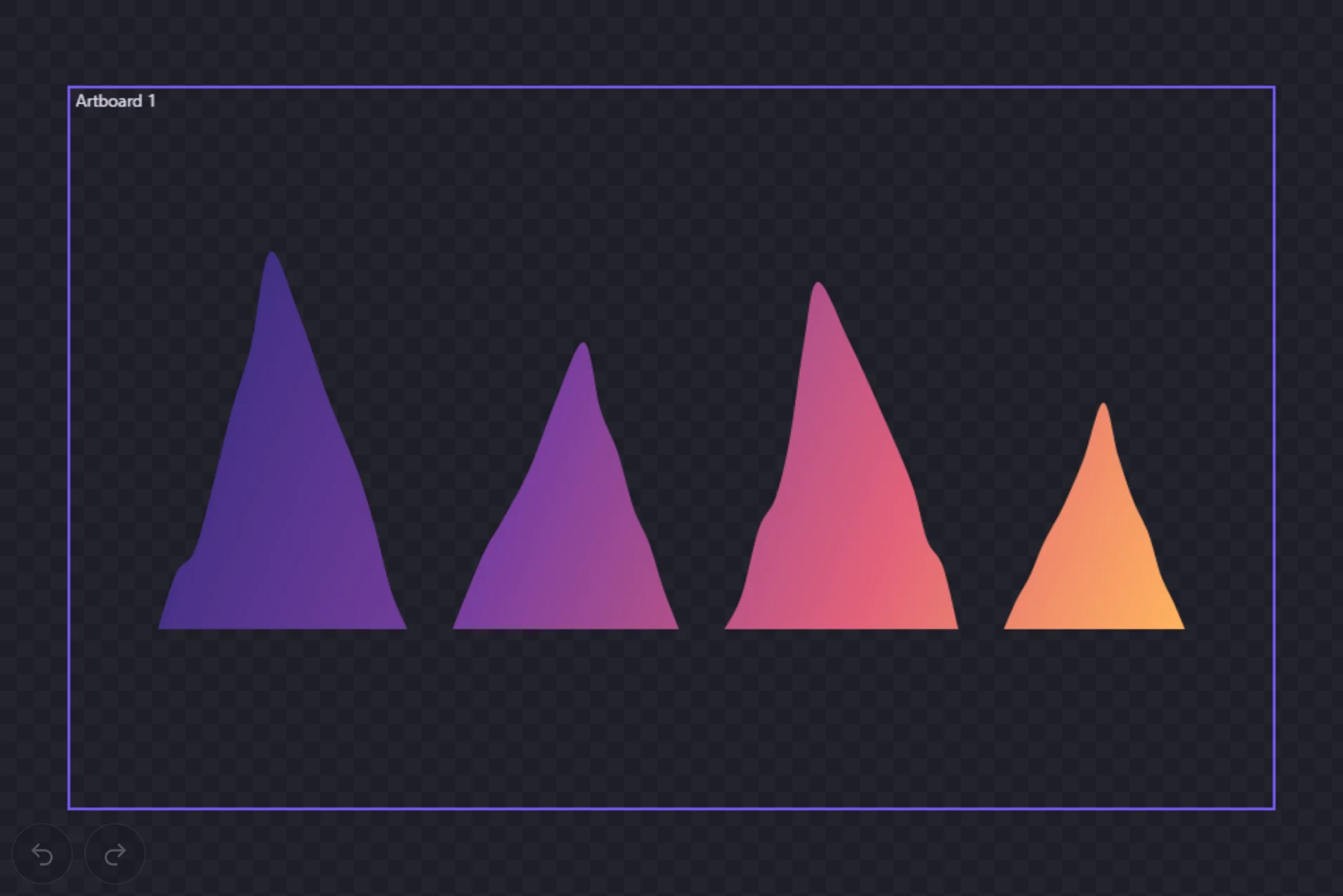 Four separate mountain peaks in one group, filled by one shared diagonal gradient from indigo to orange, so each peak shows only its own slice of a single continuous sunset