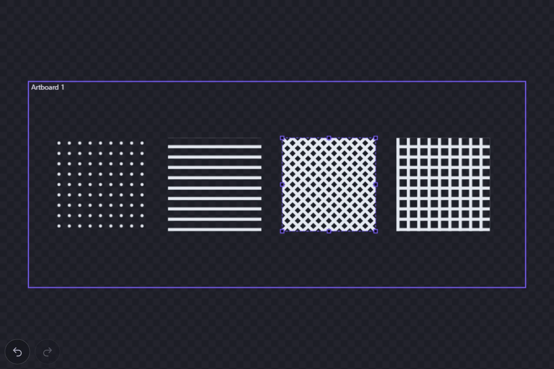 The same four patterned squares, with the crosshatch square selected after Expand pattern to paths; it looks the same but is now made of real paths