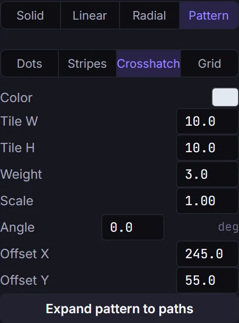 The fill controls set to Pattern with the Crosshatch preset chosen: Color, Tile W, Tile H, Weight, Scale, Angle and Offset fields, and an Expand pattern to paths button