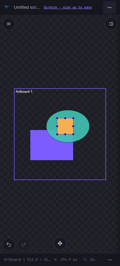 The editor at phone width: the top bar collapsed behind a menu button, a round control in each top corner to bring back the tool rail and the panels, the canvas spanning the full width, and undo, redo and pan buttons floating over the bottom of the canvas