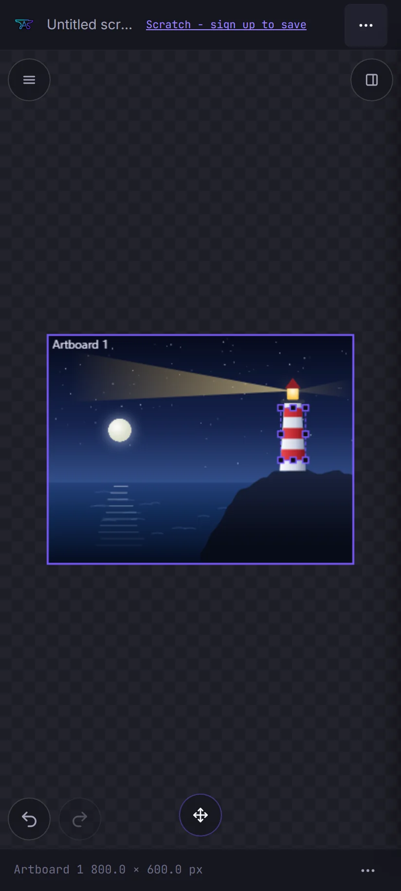 The editor at phone width with a night-time lighthouse illustration, its tower selected: the top bar collapsed behind a menu button, a round control in each top corner to bring back the tool rail and the panels, the canvas spanning the full width, and undo, redo and pan buttons floating over the bottom of the canvas