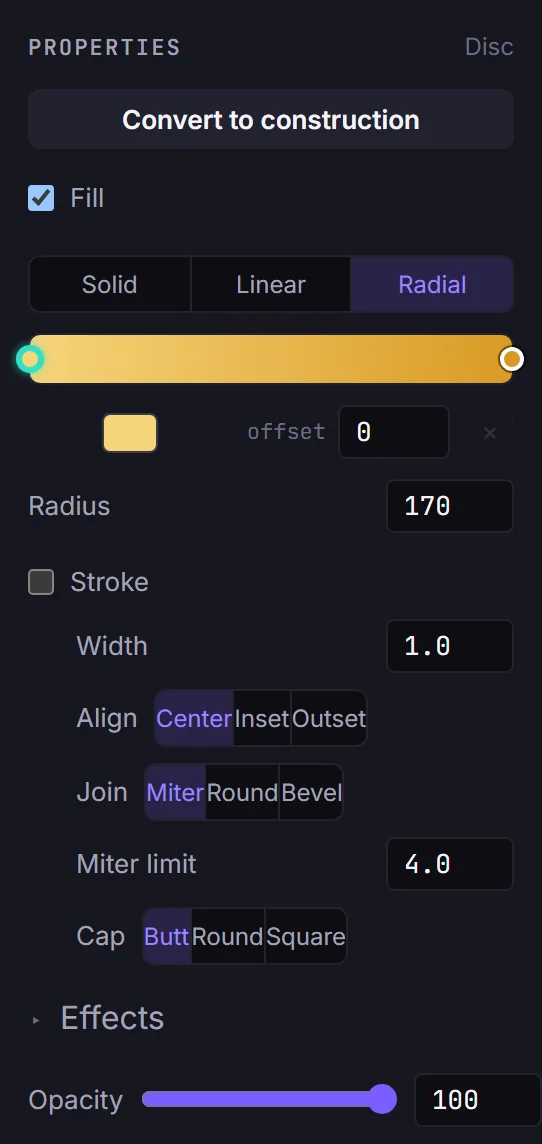 The Properties panel for the disc: Fill Radial with radius 170 and a mustard gradient bar, Stroke off