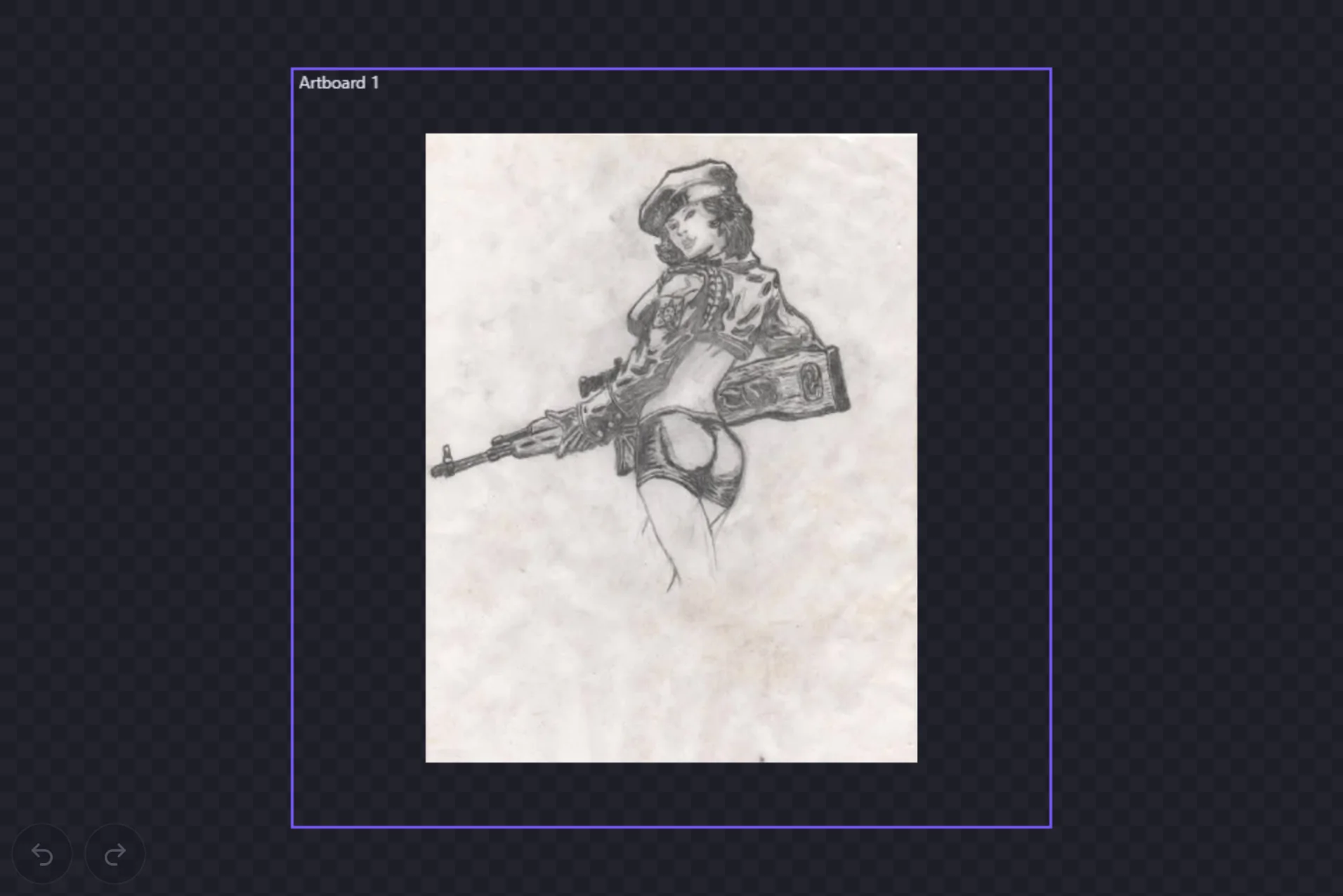 The pencil sketch of a pin-up figure holding a rifle, placed on the canvas as an image