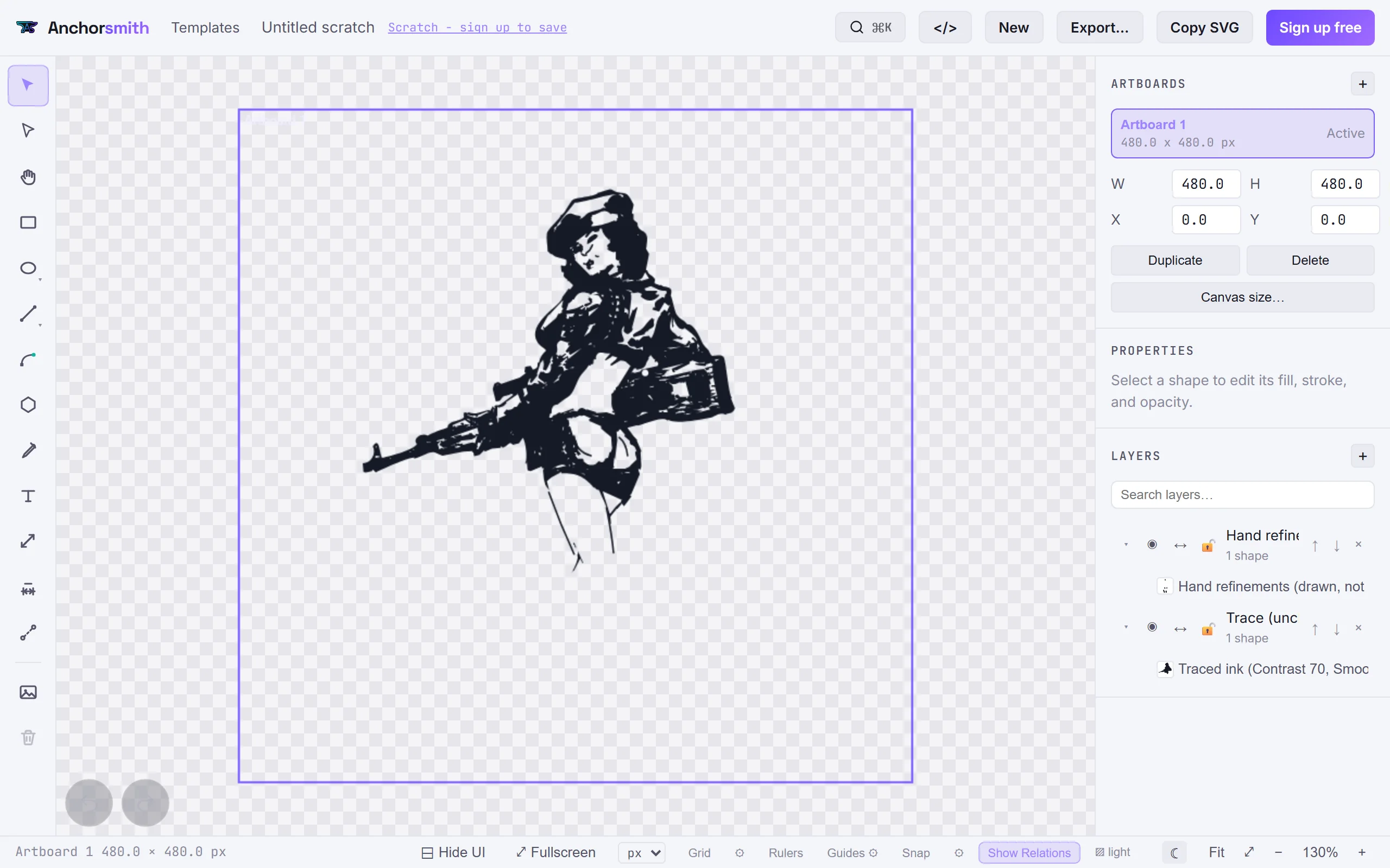The editor with the refined pin-up, its Layers panel listing the Trace (unchanged) layer and the Hand refinements layer