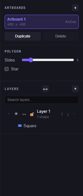 The Polygon tool's options (a sides slider and a star toggle) shown in the side panel