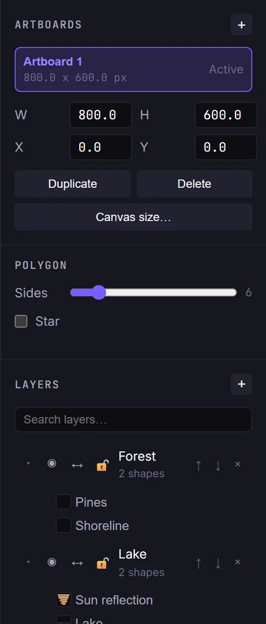 The Polygon tool's options (a sides slider and a star toggle) shown in the side panel