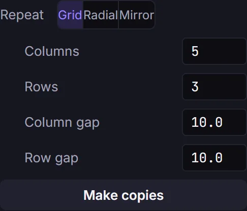 The Repeat control in the Inspector set to Grid: Columns 5, Rows 3, Column gap 10 and Row gap 10, with a Make copies button