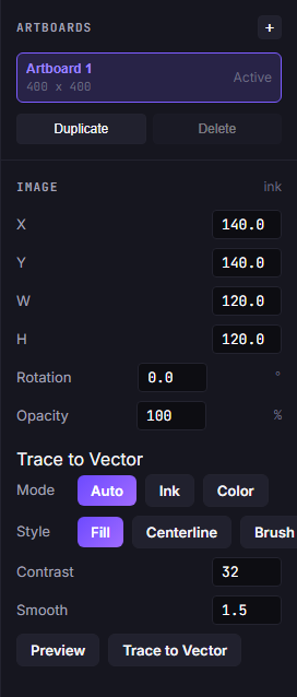 The Trace to Vector panel: mask mode (Auto/Ink/Color), style (Fill/Centerline/Brush), contrast, smoothness, and Preview and Trace buttons