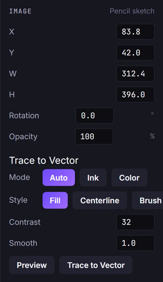 The Trace to Vector panel: mask mode (Auto/Ink/Color), style (Fill/Centerline/Brush), contrast, smoothness, and Preview and Trace buttons
