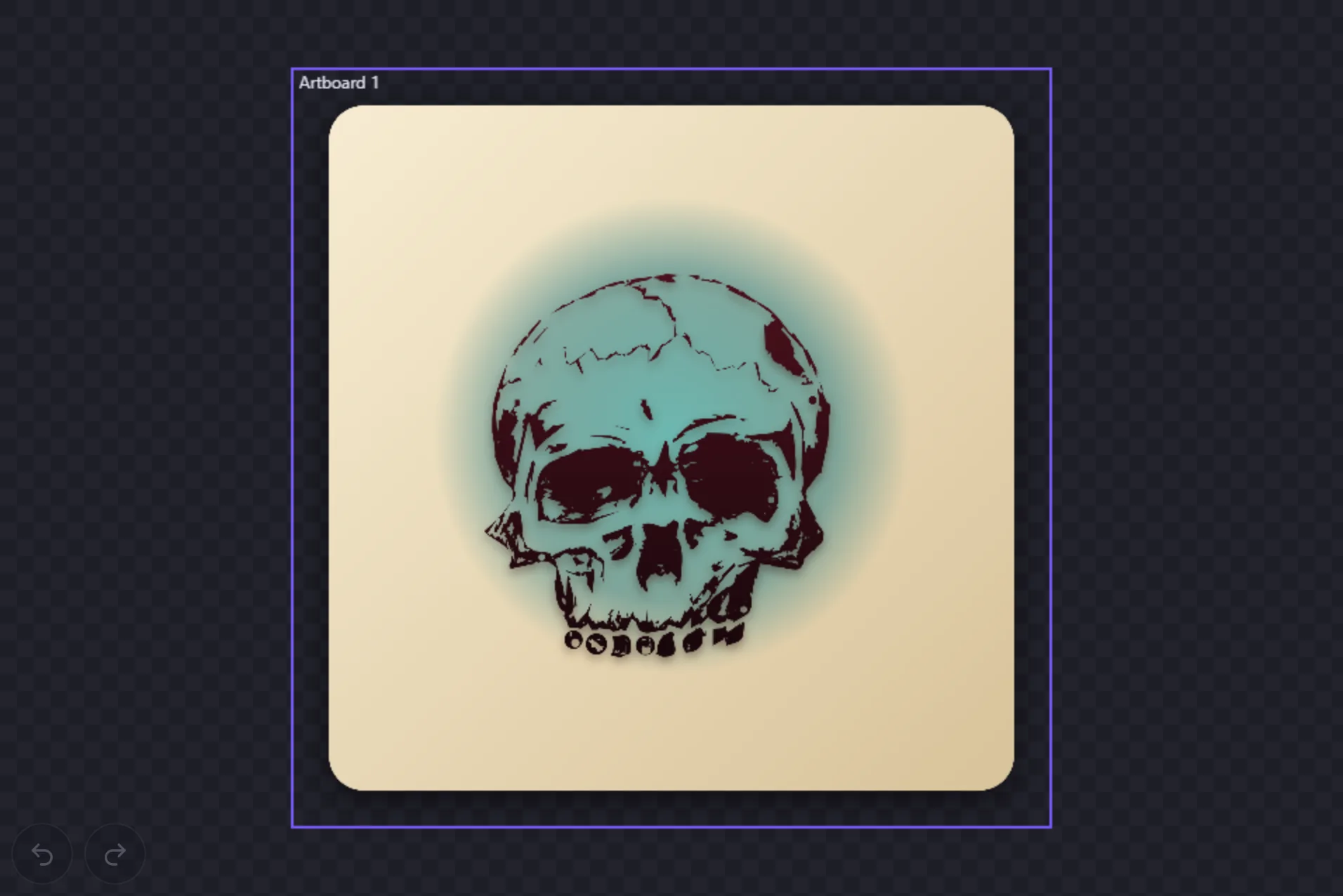 The traced skull as vector paths, filled with a deep red gradient over a soft teal halo on a warm paper panel with a drop shadow